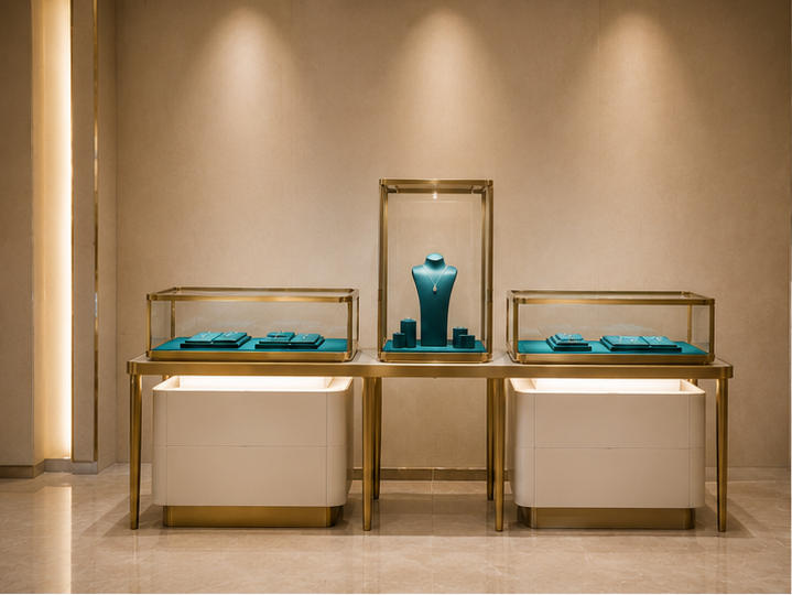 Asymmetric Mixed-Height Jewelry Display Console | Tower + Case Set 7 Asymmetric mixed-height jewelry display console different angle view